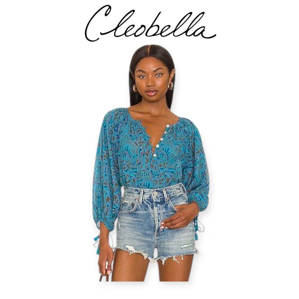 Revolve Cleobella Jayda Zuri Blue Tan Paisley Organic Cotton Blouse M NWT